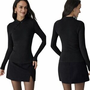 OGL Black Long-Sleeve Mandarin Collar Top